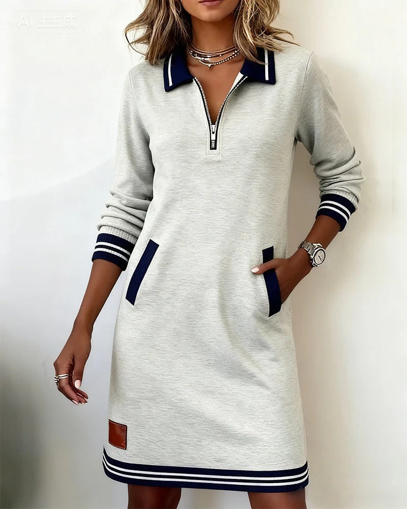 Light grey long-sleeve cotton shirt dress with quarter-zip and navy contrast trim
