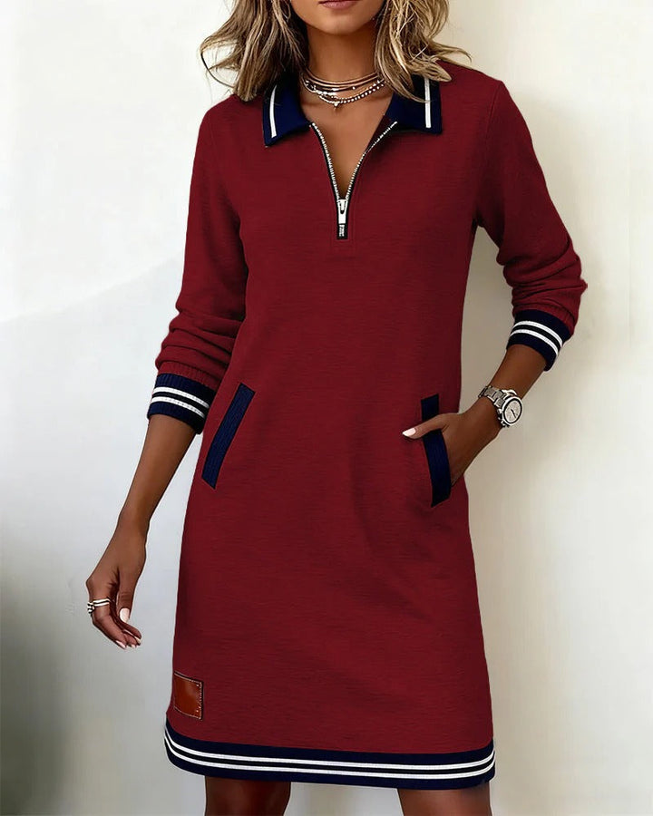 Long sleeve cotton shirt dress, burgundy red with navy collar and striped hem