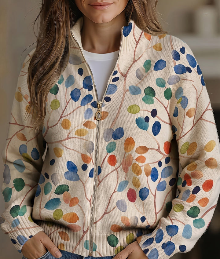 Botanical leaf print zip cardigan with long sleeves, cream base, ribbed stand collar