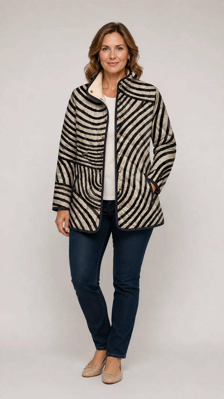 Lowen™ retro quilted jacket, black-and-cream striped circle pattern, zip front
