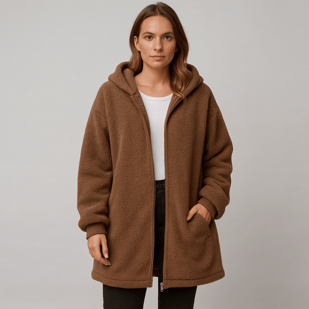 Brown teddy hooded coat, front zipper closure and large side pockets