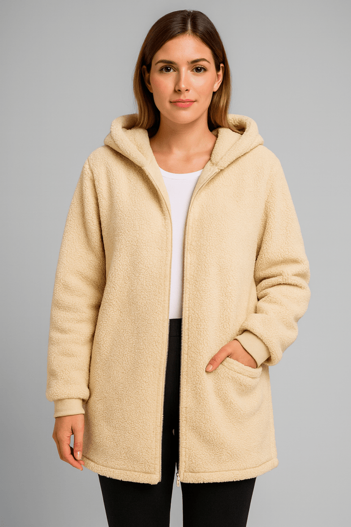 Apricot teddy hooded coat with full zipper and side pockets