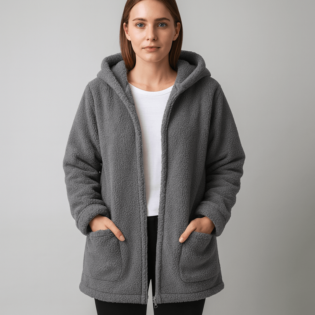Grey teddy hooded coat with zipper front and side pouch pockets