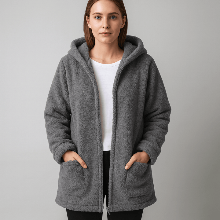 Grey teddy hooded coat with zipper front and side pouch pockets