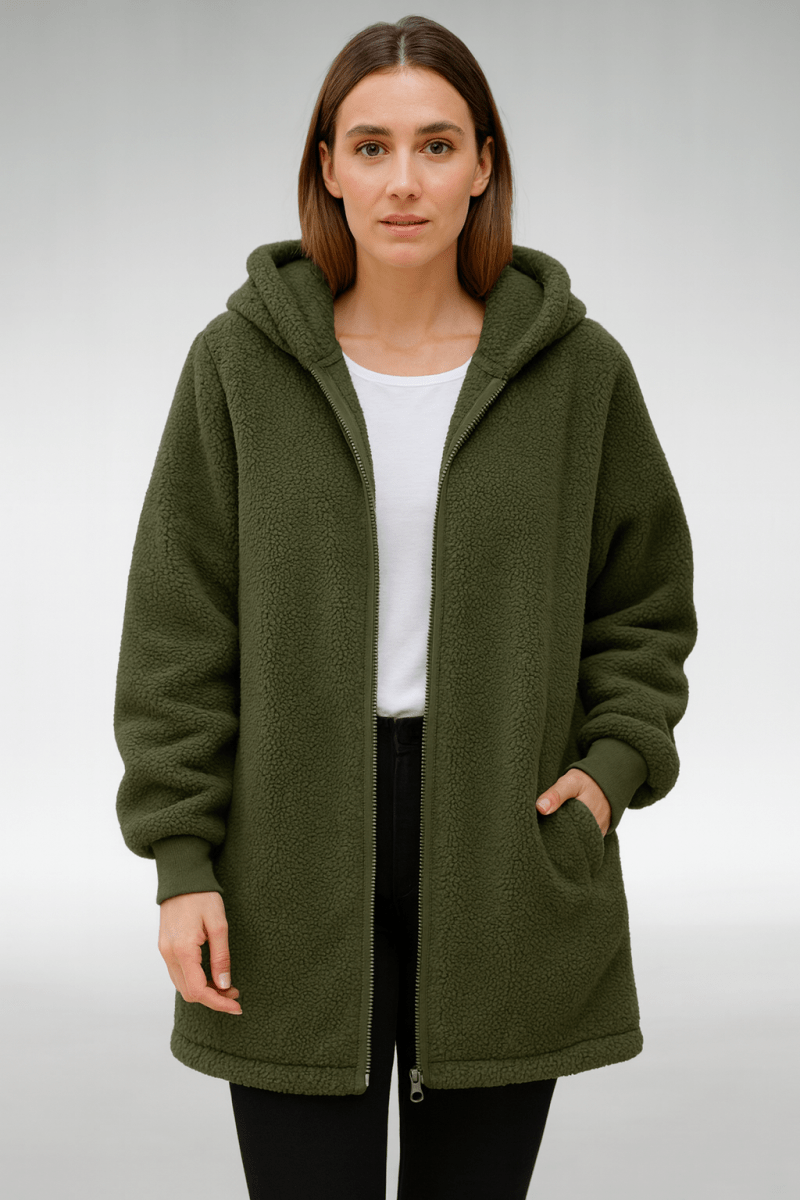 Army green teddy hooded coat with full zipper and side pockets