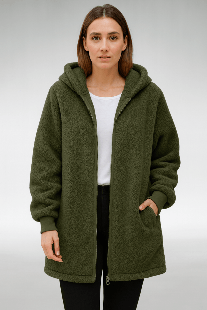 Army green teddy hooded coat with full zipper and side pockets