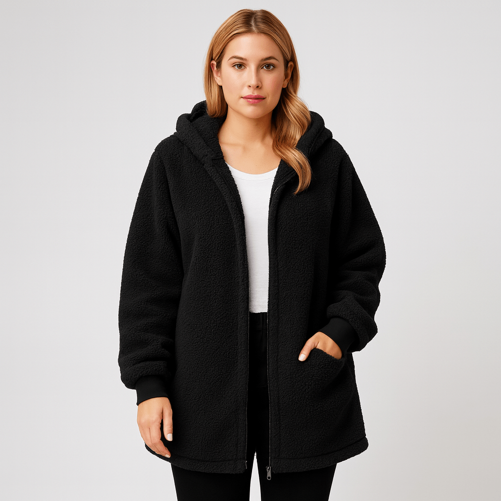 Black teddy hooded coat with full zipper and front side pockets