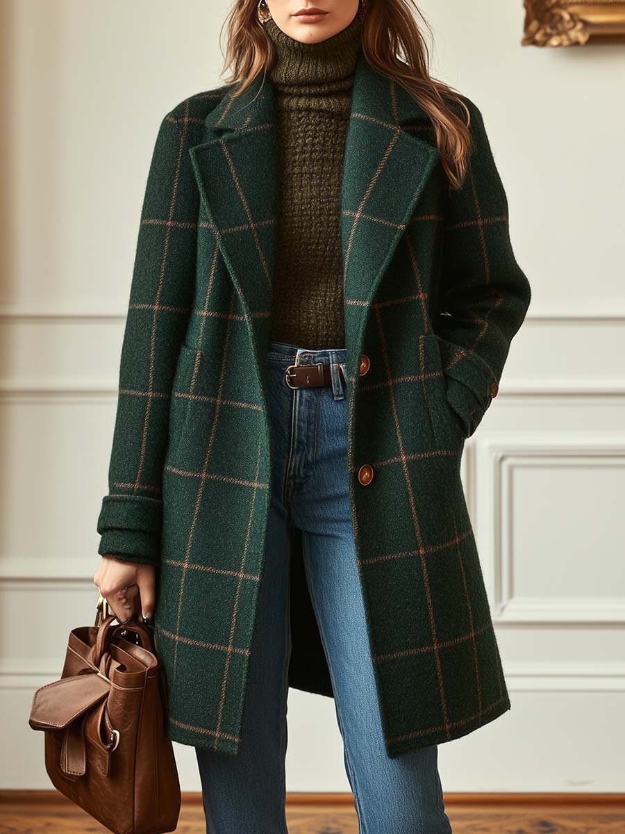 Dark green plaid wool coat with notch lapels and button-front, long sleeves