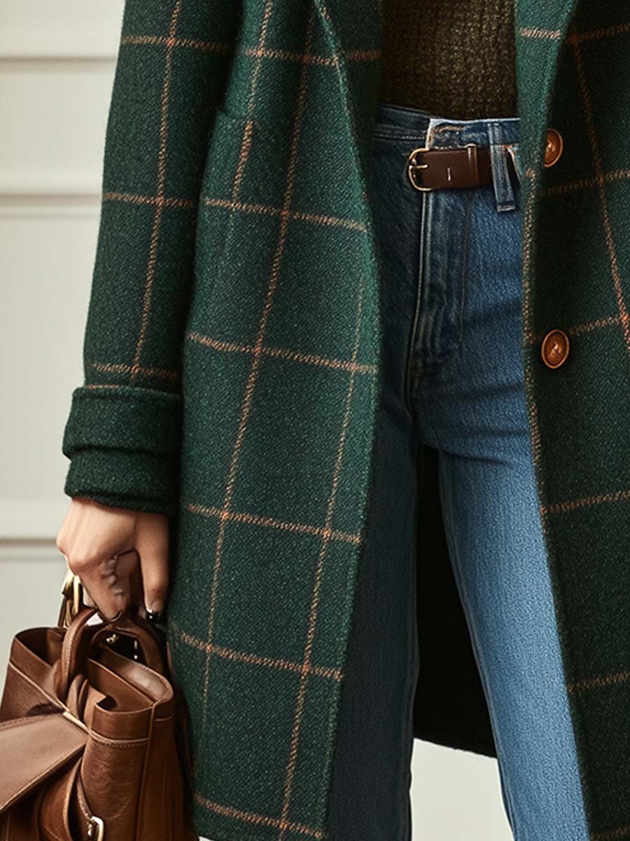 Dark green plaid long coat with cuffed sleeves, front buttons, side hem