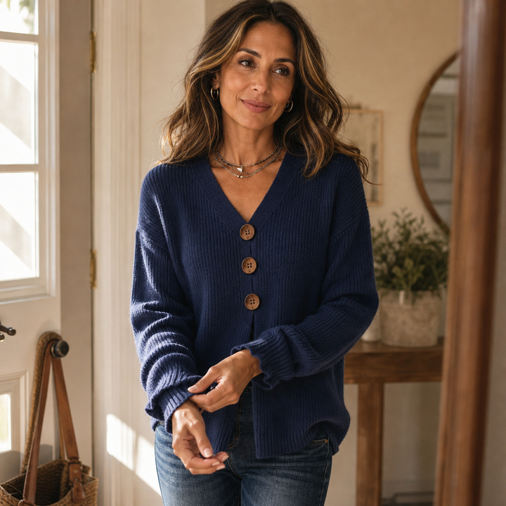 Navy V-neck ribbed knit pullover sweater with wood-look button placket