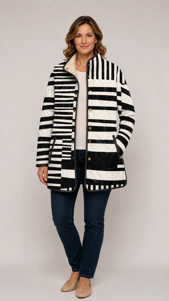 Abstract quilted jacket with hood, black-and-white striped panels and snap buttons