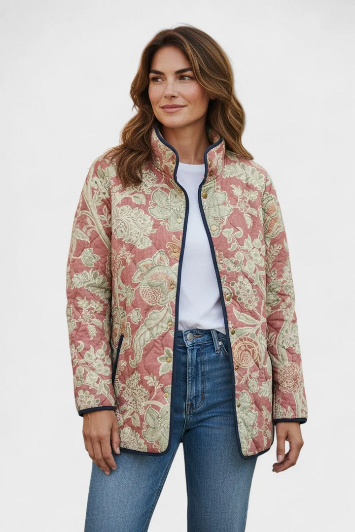 Floral print quilted jacket with zip front, multicolor on light pink background