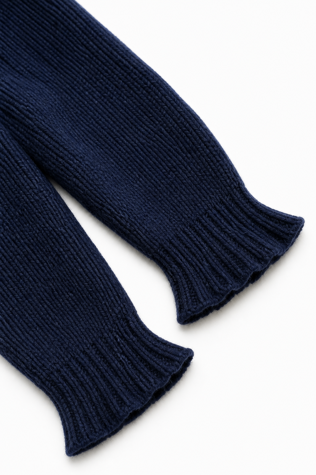 Navy ribbed knit sweater sleeves with wide cuff detail