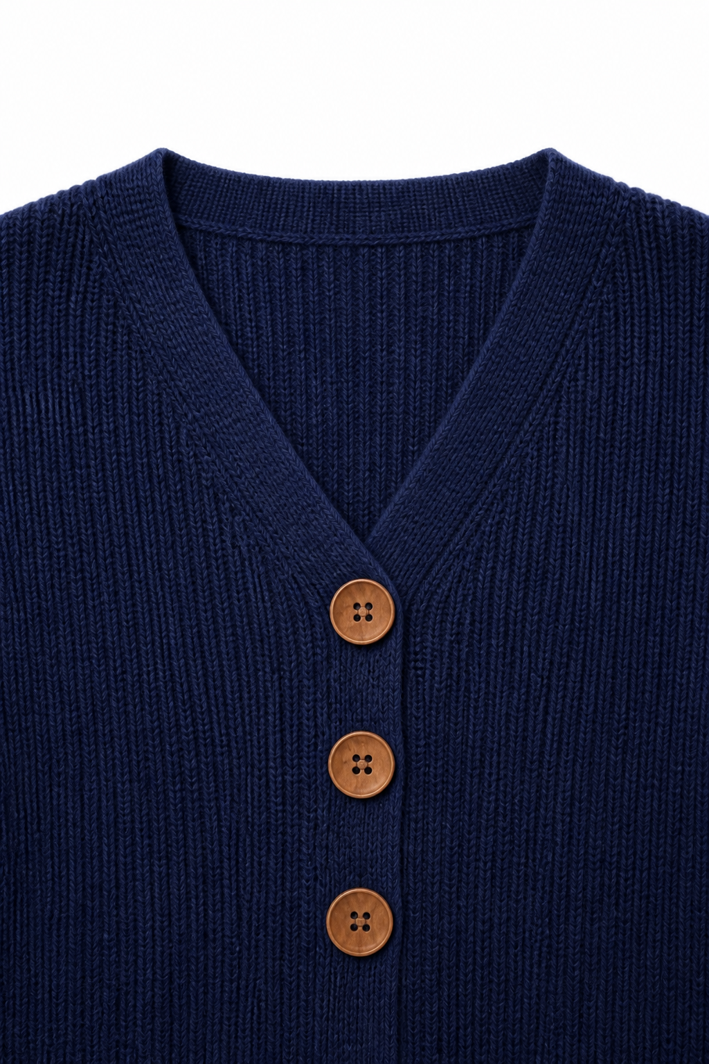 Navy v-neck ribbed knit pullover sweater with three button placket