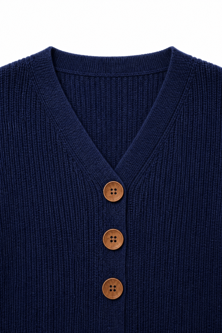 Navy v-neck ribbed knit pullover sweater with three button placket