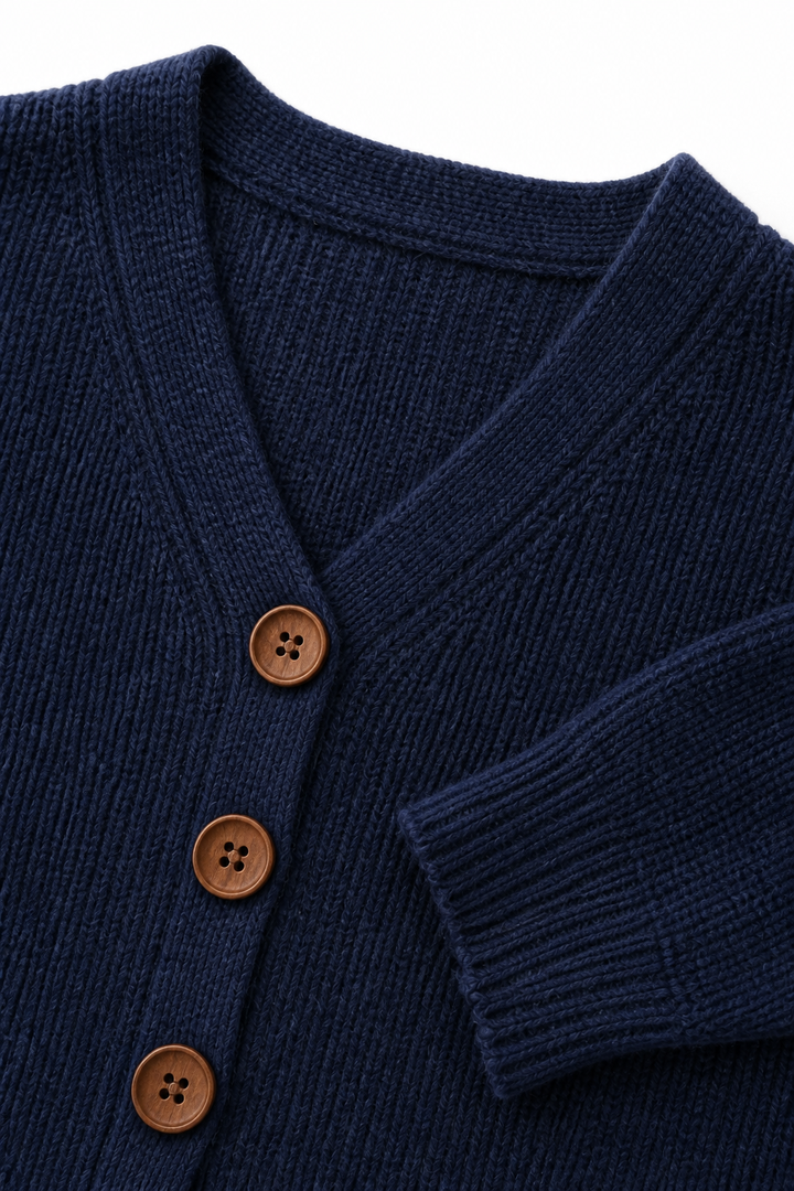 Navy V-neck ribbed knit sweater with wood-look buttons and neckline placket