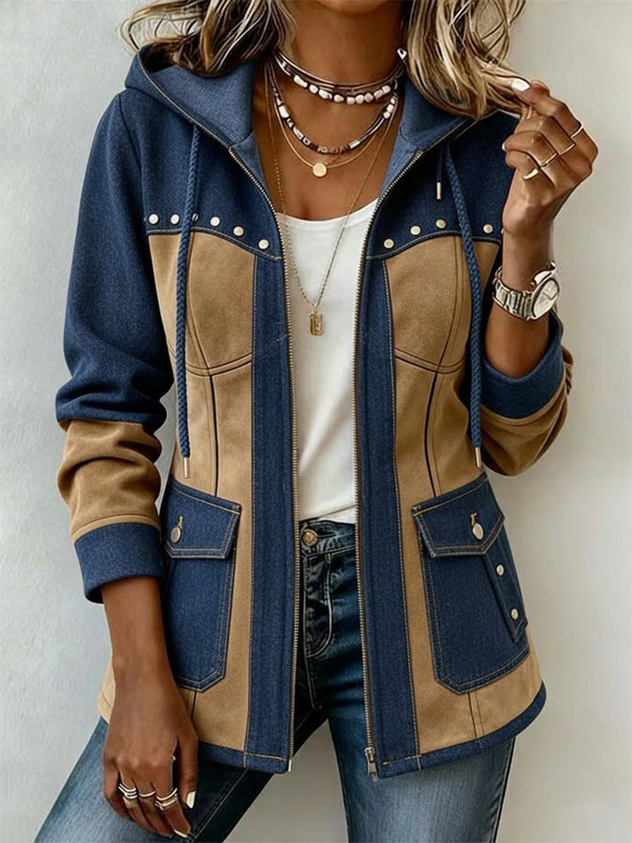 Patchwork hooded jacket in navy blue and camel, front zip, denim button pockets