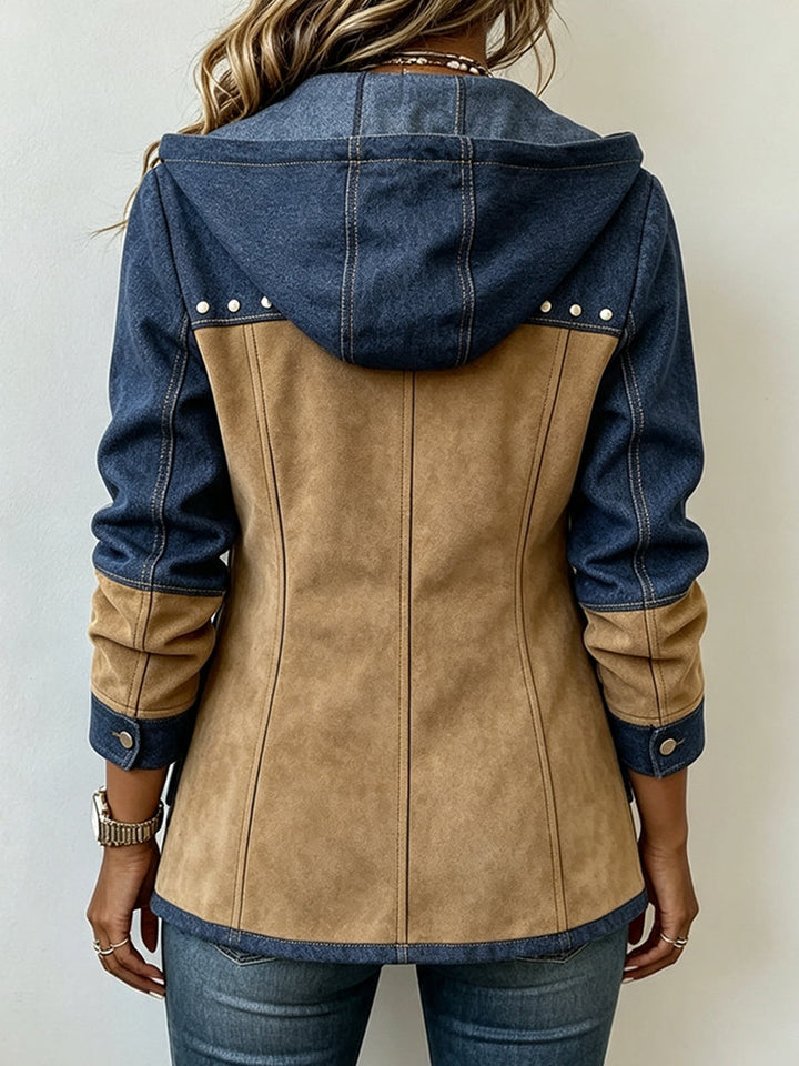 Patchwork hooded jacket in navy blue and camel, back view with hood and button pockets