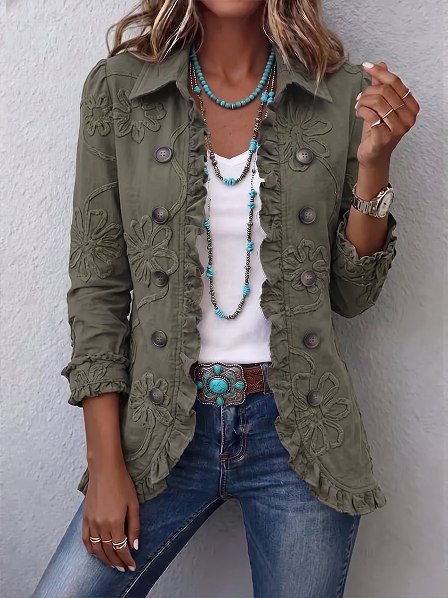 Floral embroidered olive green jacket with ruffled hem and cuffs