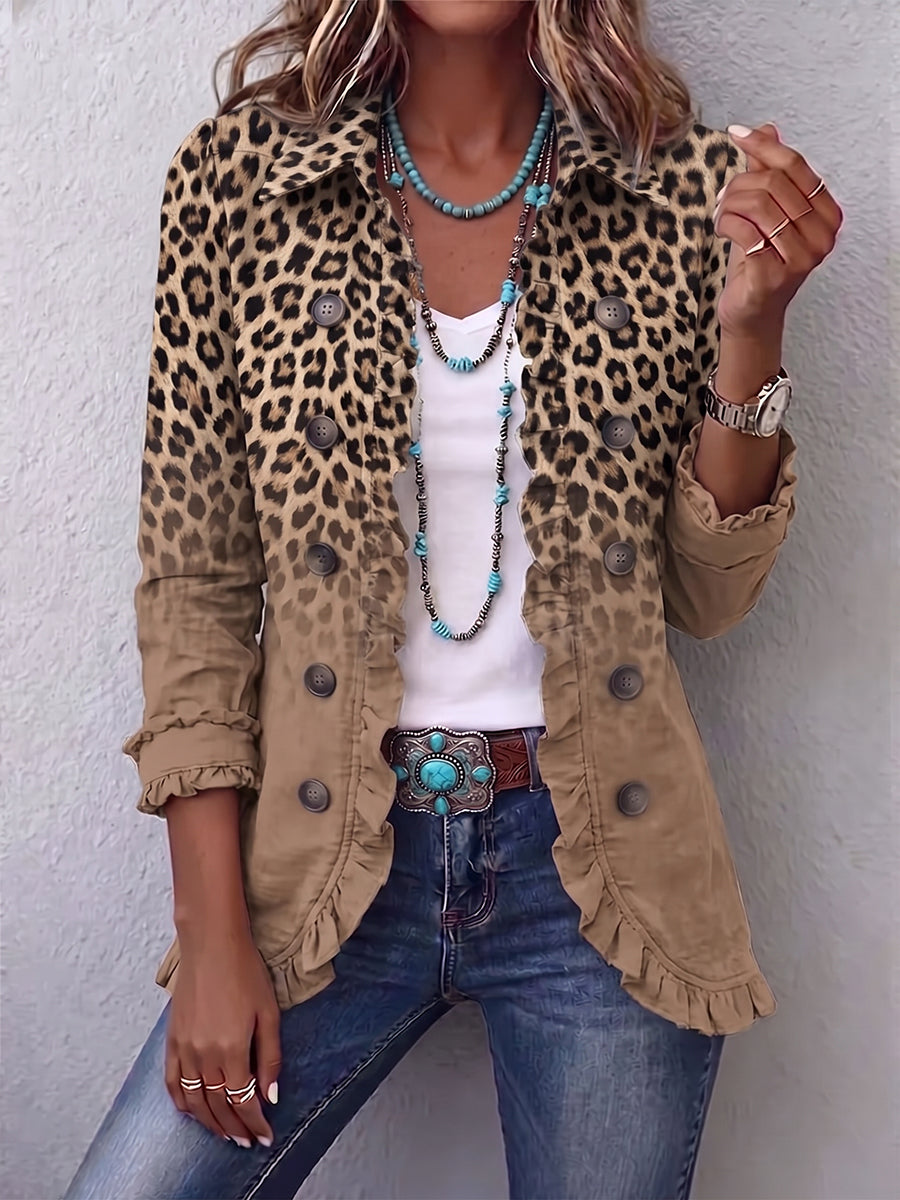 Leopard tan jacket with ruffle collar, button front, and cuffed sleeves