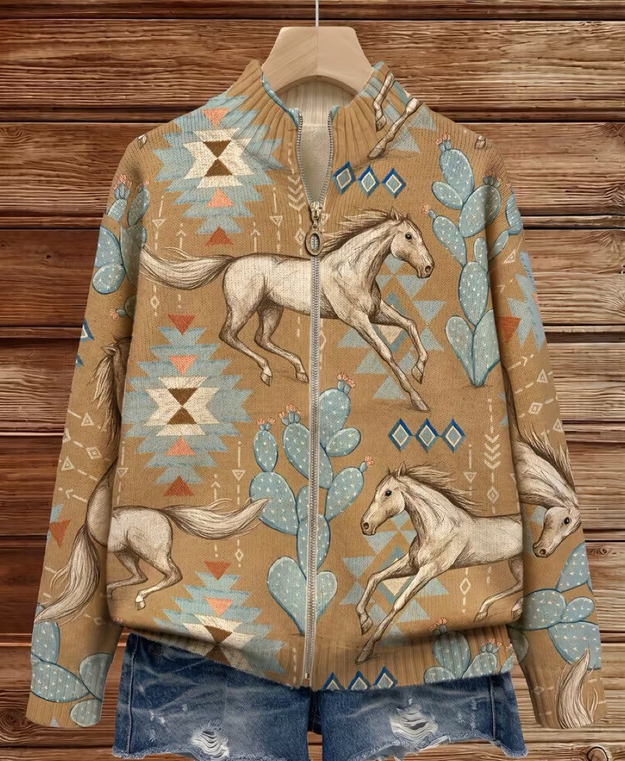 Horse print zip cardigan, tan with teal cacti and cream horses on front