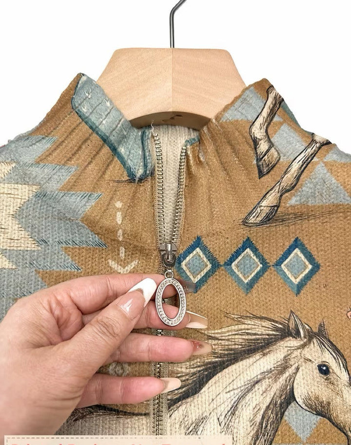 Horse print zip cardigan detail, tan fabric with zipper and horse graphic