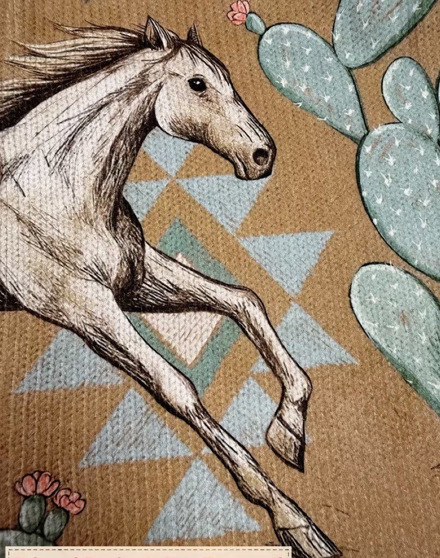 Horse print zip cardigan fabric detail, cream horse illustration with teal cactus