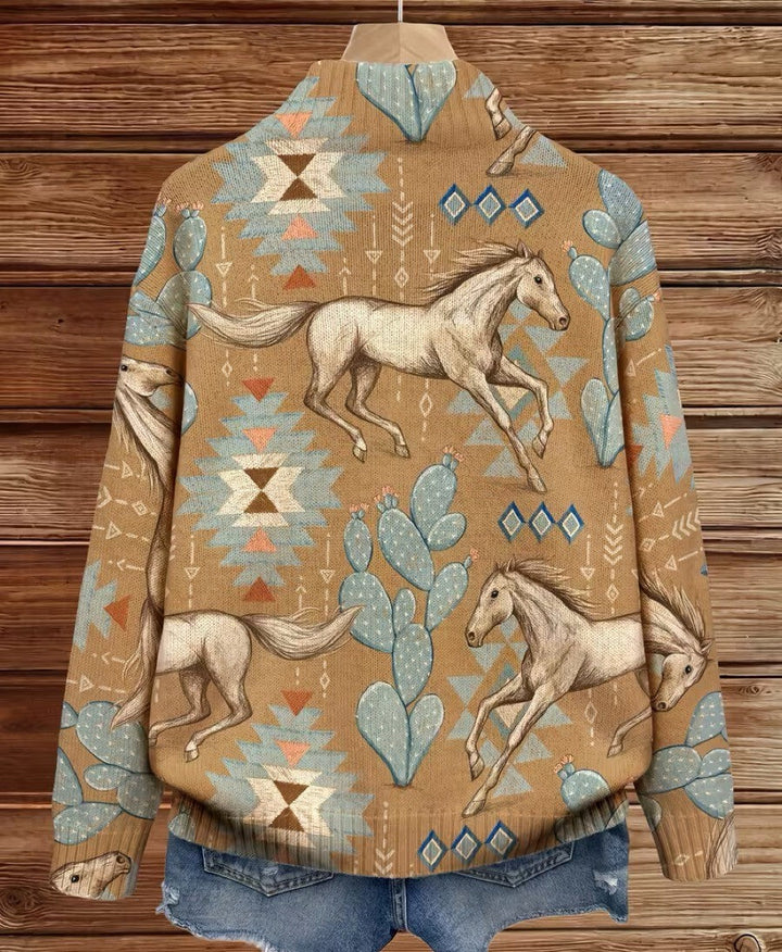 Horse print zip cardigan, tan with blue-teal cacti and white horse allover print
