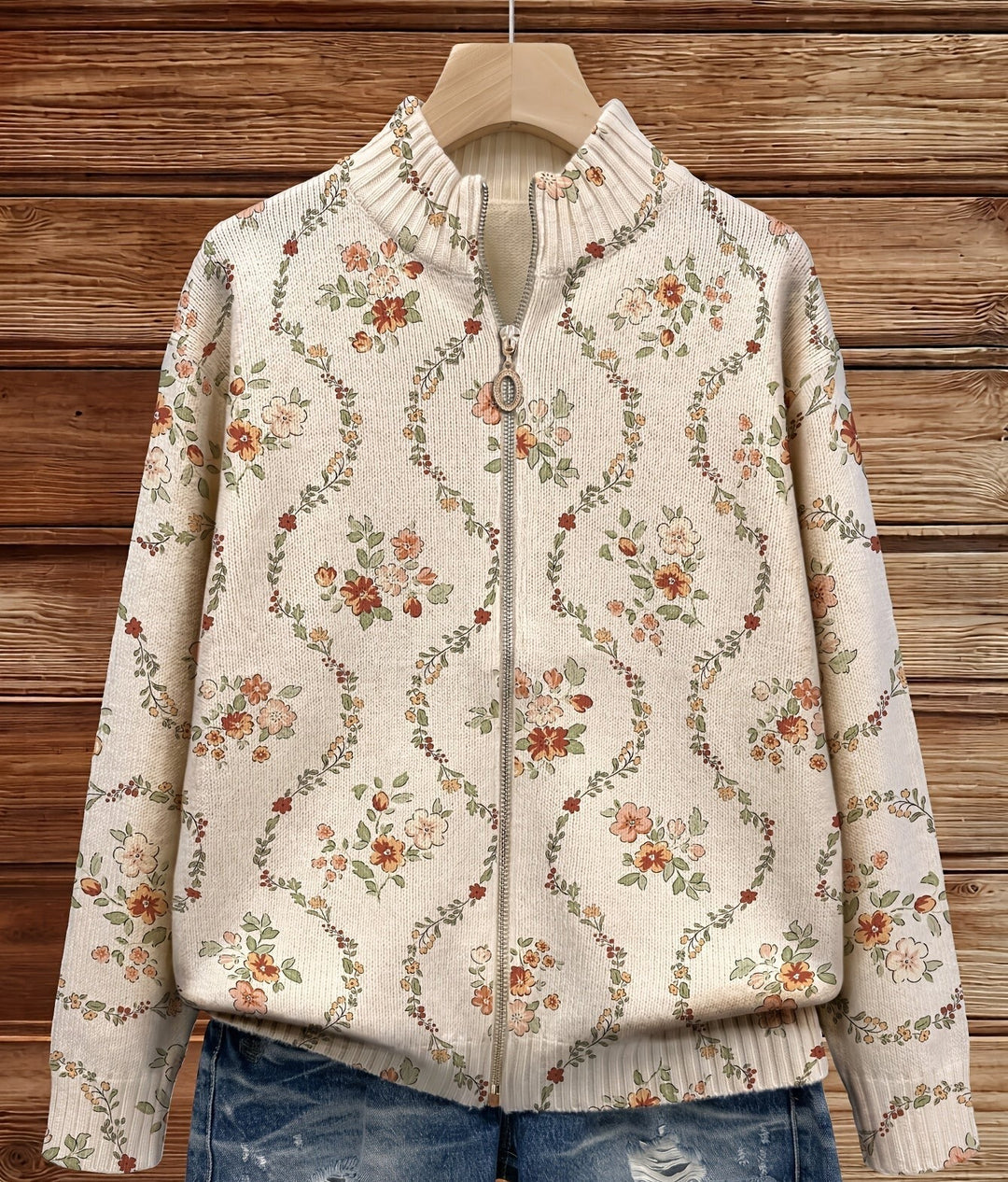 Clara™ floral zip cardigan on hanger, beige knit with multicolor flower print