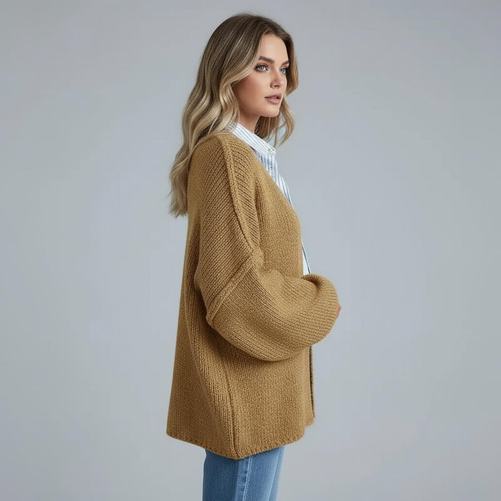 Caramel relaxed knit cardigan, open front with roomy sleeves and ribbed cuffs