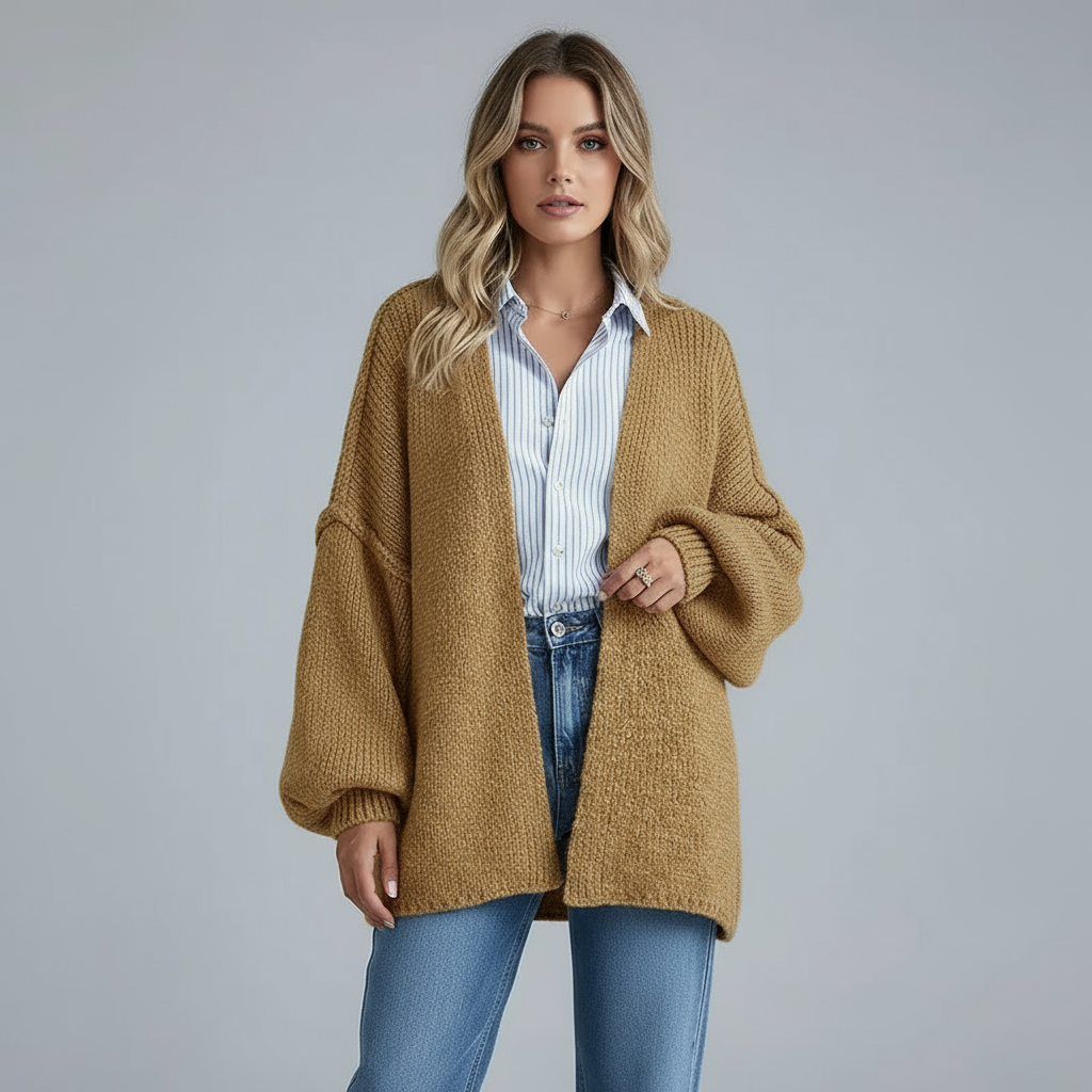Caramel relaxed knit cardigan, open front and oversized fit over a blue top and jeans