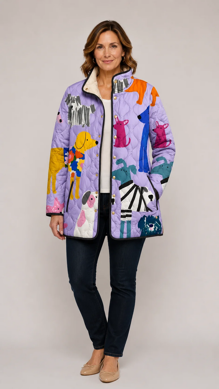 Multicolor quilted jacket with dog print, front zipper, buttoned pockets