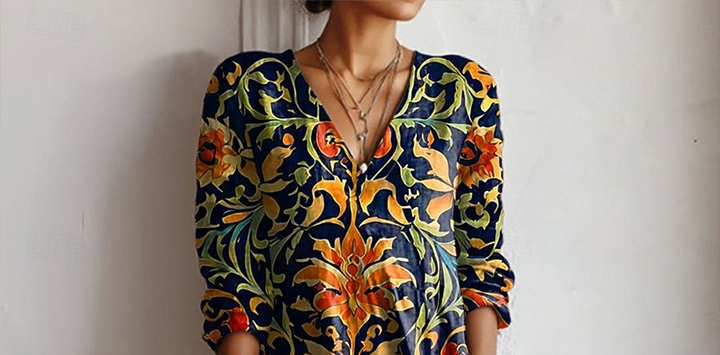 Floral V-neck tunic dress with long sleeves, dark blue with gold and orange-red pattern