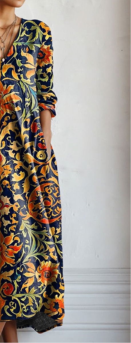 Long-sleeve V-neck tunic dress, dark blue floral swirl print, knee-length hem