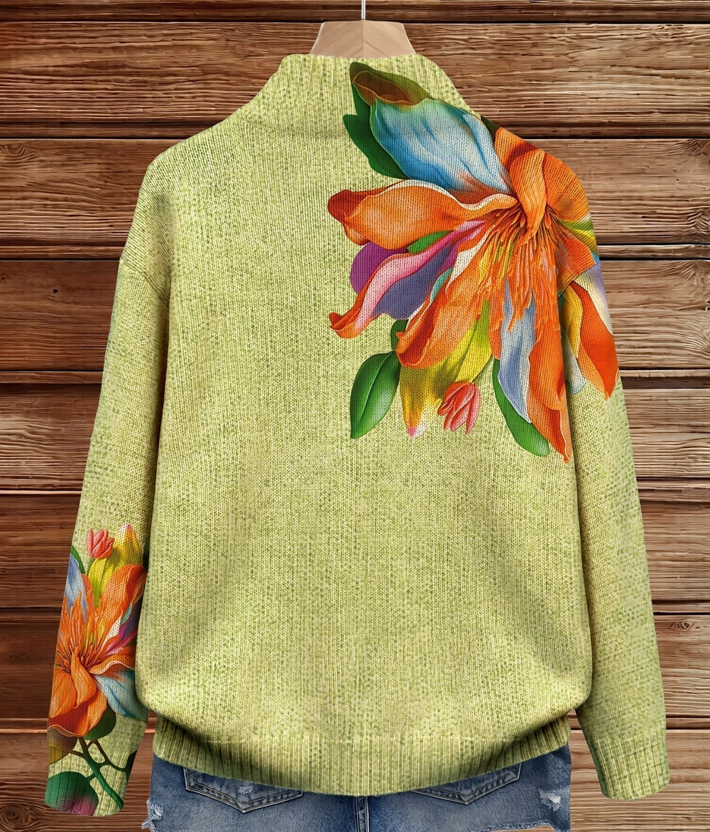 Lime-green zip cardigan with large orange floral motif on upper body and sleeve cuffs