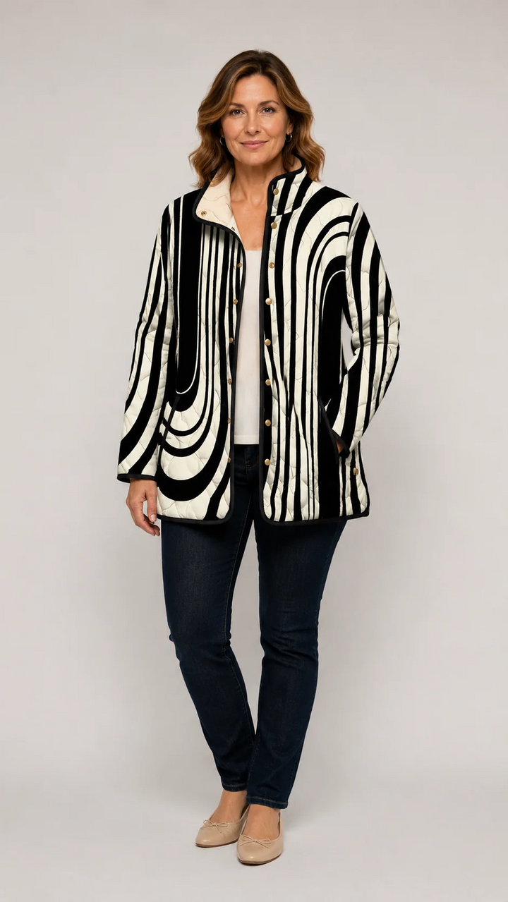 Quilted casual jacket with black-and-white striped print, front button closure, long sleeves