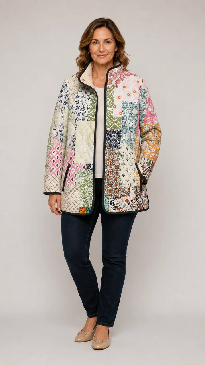 Multicolour floral quilted jacket with front buttons and side pockets