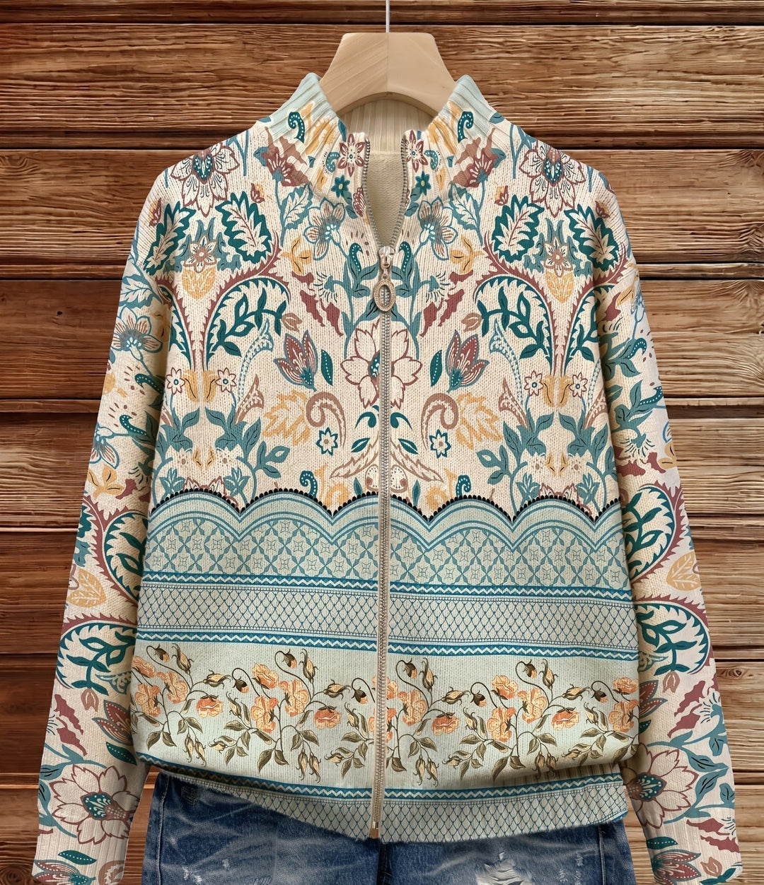 Botanical zip cardigan on hanger, allover teal/cream floral print with front zipper