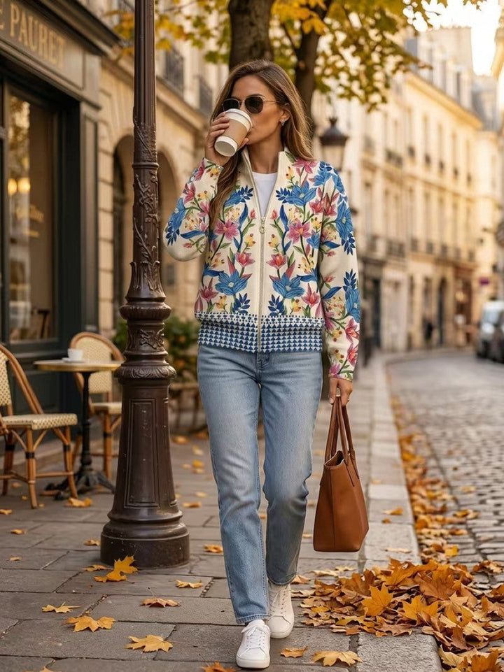 Floral zip cardigan with multicolor garden flowers and leaves, cream knit, ribbed trim