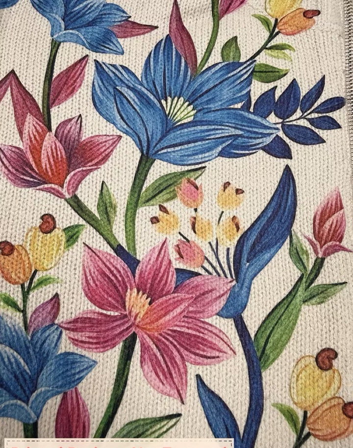 Floral print knit panel for cream zip cardigan, blue and pink blossoms detail