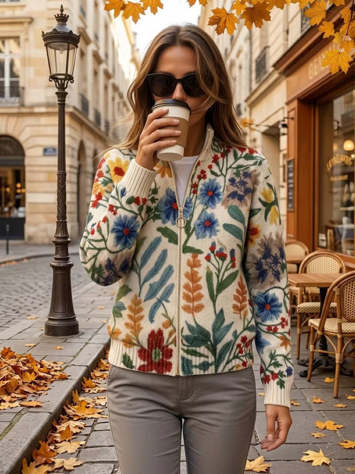 Garden floral zip cardigan on cream knit, multicolor flowers, zip front, long sleeves