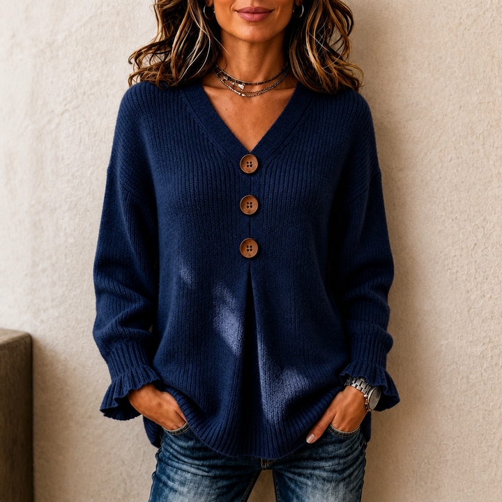 Navy v-neck button-front ribbed knit pullover sweater with ruffled cuffs