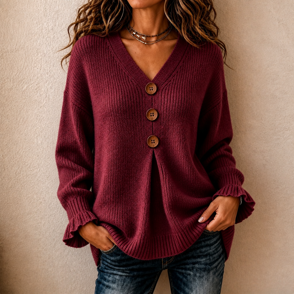 Burgundy v-neck button-front ribbed knit pullover sweater with ruffled cuffs