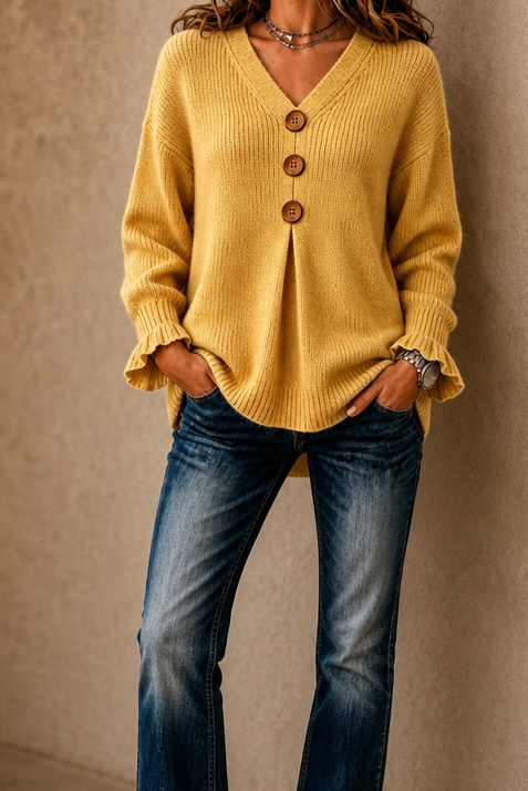 Mustard yellow v-neck button-front ribbed knit pullover sweater with ruffled cuffs