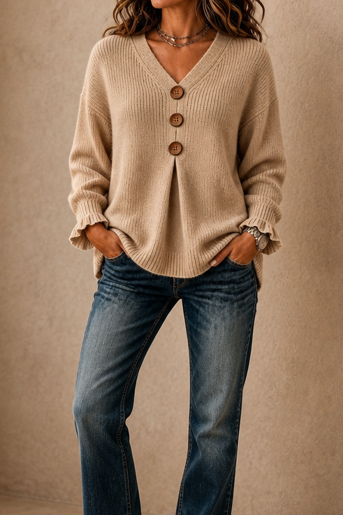 Khaki beige v-neck button-front ribbed knit pullover sweater with ruffled cuffs