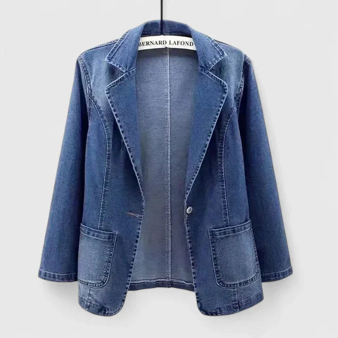 Denim blazer with notch lapels and button front, welt pockets