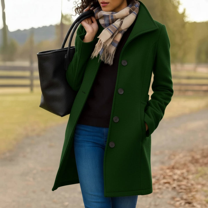 Mid-length single-breasted coat in dark green with button front and notch collar