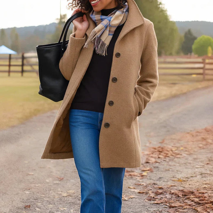 Mid-length single-breasted coat in camel with button front and notch collar