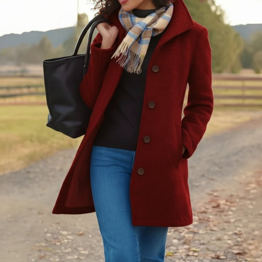 Mid-length single-breasted coat in red with button front and notch collar