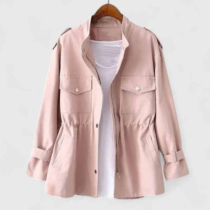 Pink utility jacket with flap chest pockets and tunnel-drawstring waist